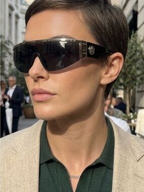 Versace Black Shield Sunglasses with Silver Medallion